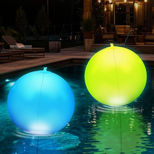 2 Pack Solar Floating Pool Lights,16” Outdoor Pool Ball Lamp LED Night Light,Inflatable Waterproof IP68 Solar Glow Globe,Large Floating Light Up Balls for Pool Pond Outdoor Decor
