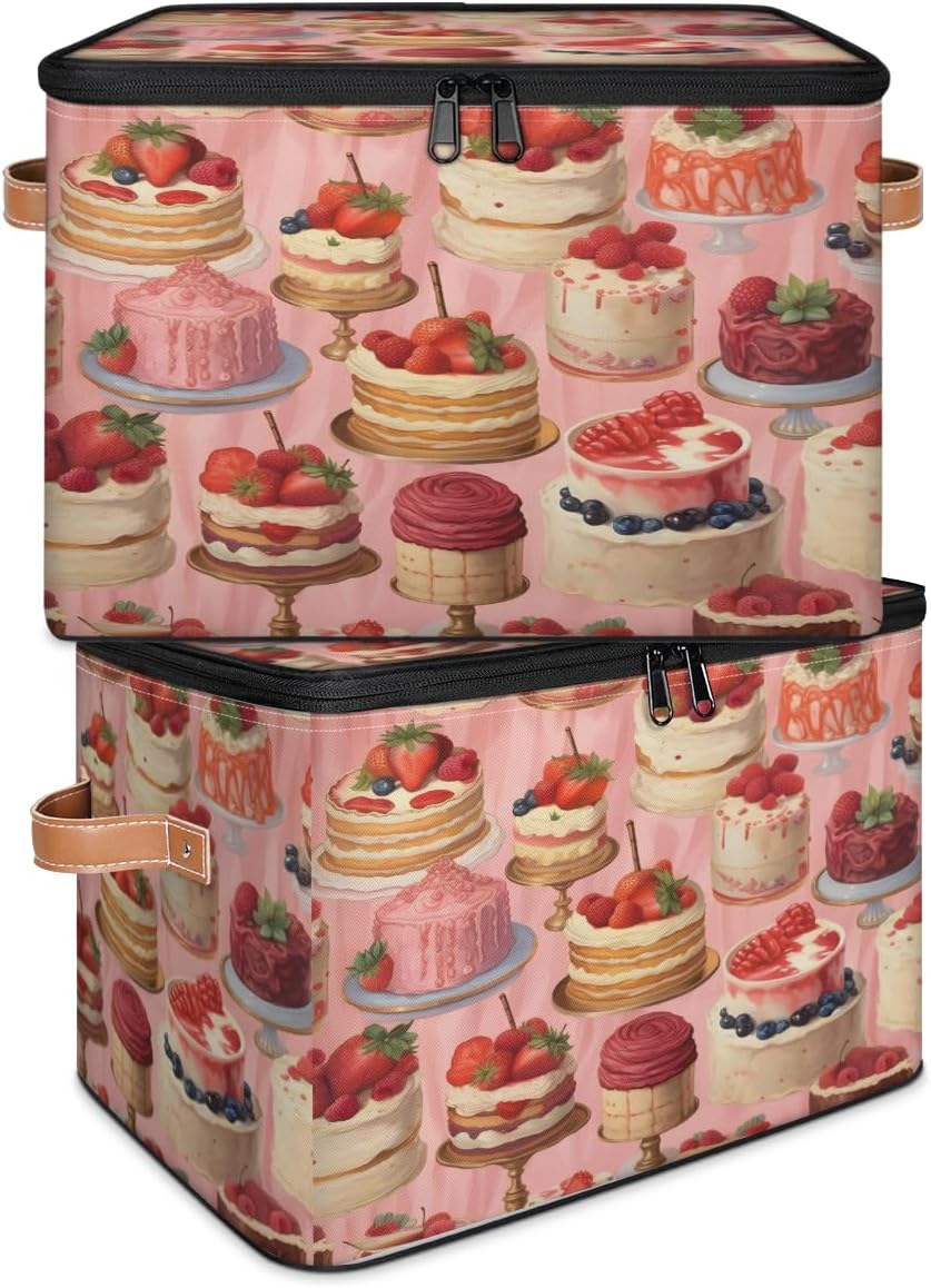 Storage Bin Set of 2 Fruit Cake Storage Basket with Zipper Lid & Handle Foldable Closet Shelf 2 Pack Cloth Organizer Basket Cube Bins Clothes Organizer for Nursery, Bedroom