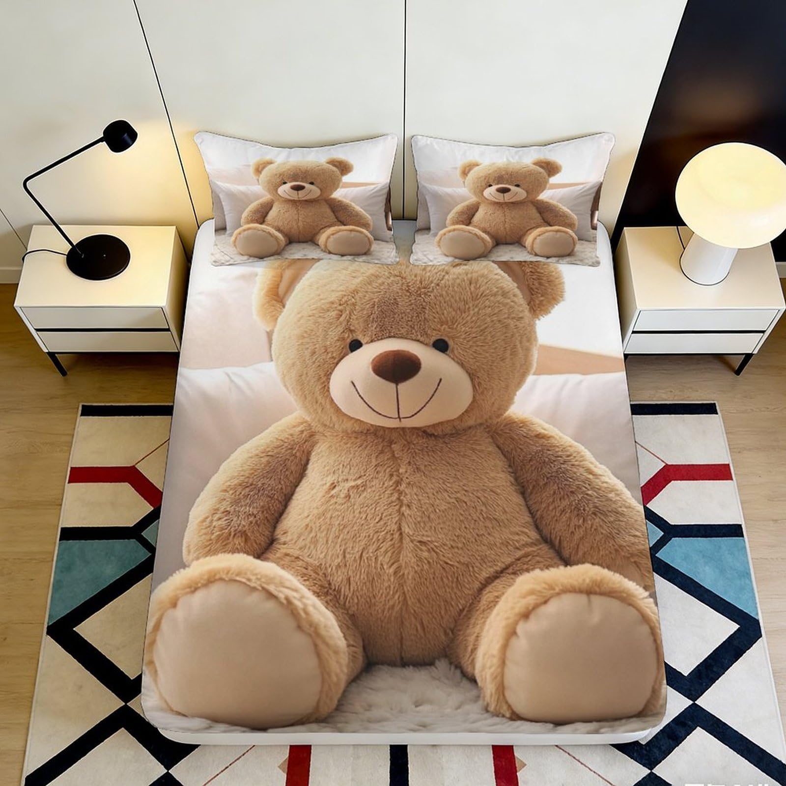 3D Printed Cute Teddy Bear Fitted Sheet Microfiber Soft Plush Cartoon Mattress Cover for Bedroom Guest Room Dorm Decor 90x200x25cm