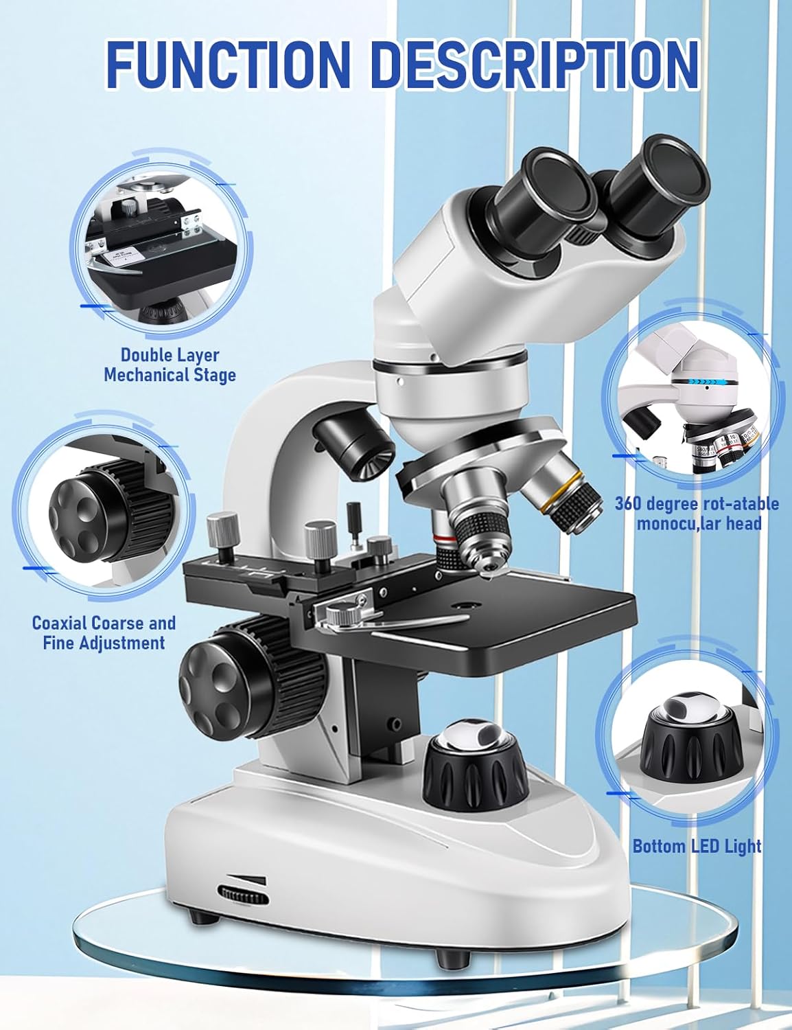 Binocular Compound Microscope 40X-2000X, Research Grade Professional Microscope with Dual Mechanical Stages and Coaxial Coarse/Fine Focus Knobs, Built-in Electronic Eyepieces, Adult Microscope - Image 6