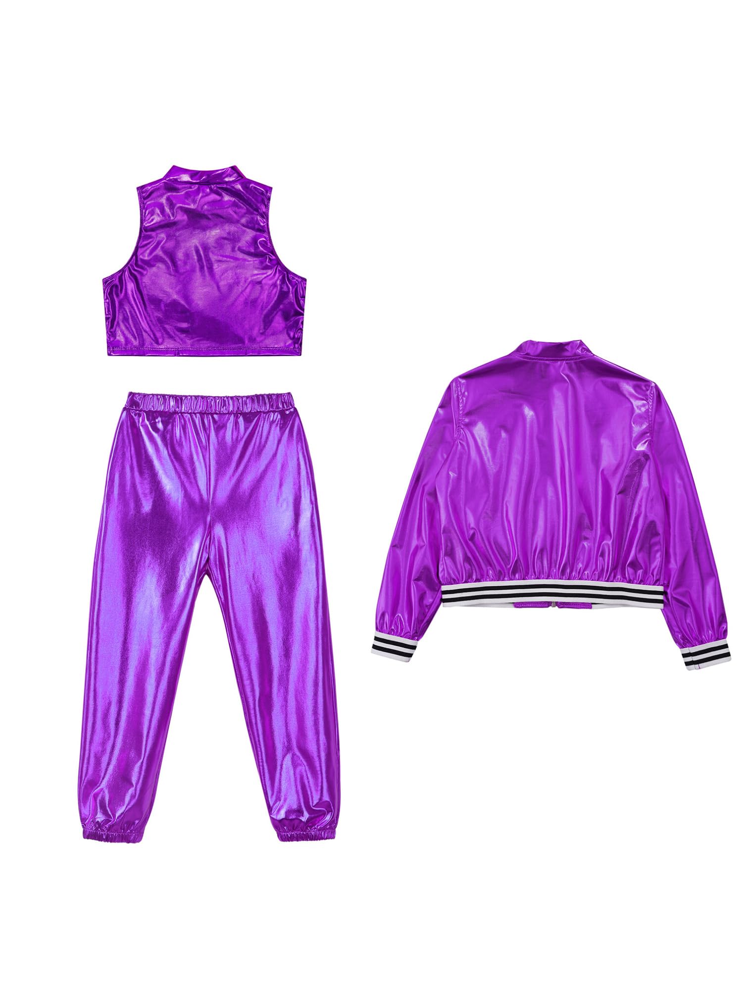 Agoky Dziewczęcy metaliczny dres do joggingu, błyszczący dres sportowy z długim rękawem, kurtka + spodnie do biegania + tank top w stylu lat 80., 90., zestaw odzieży do tańca ulicznego