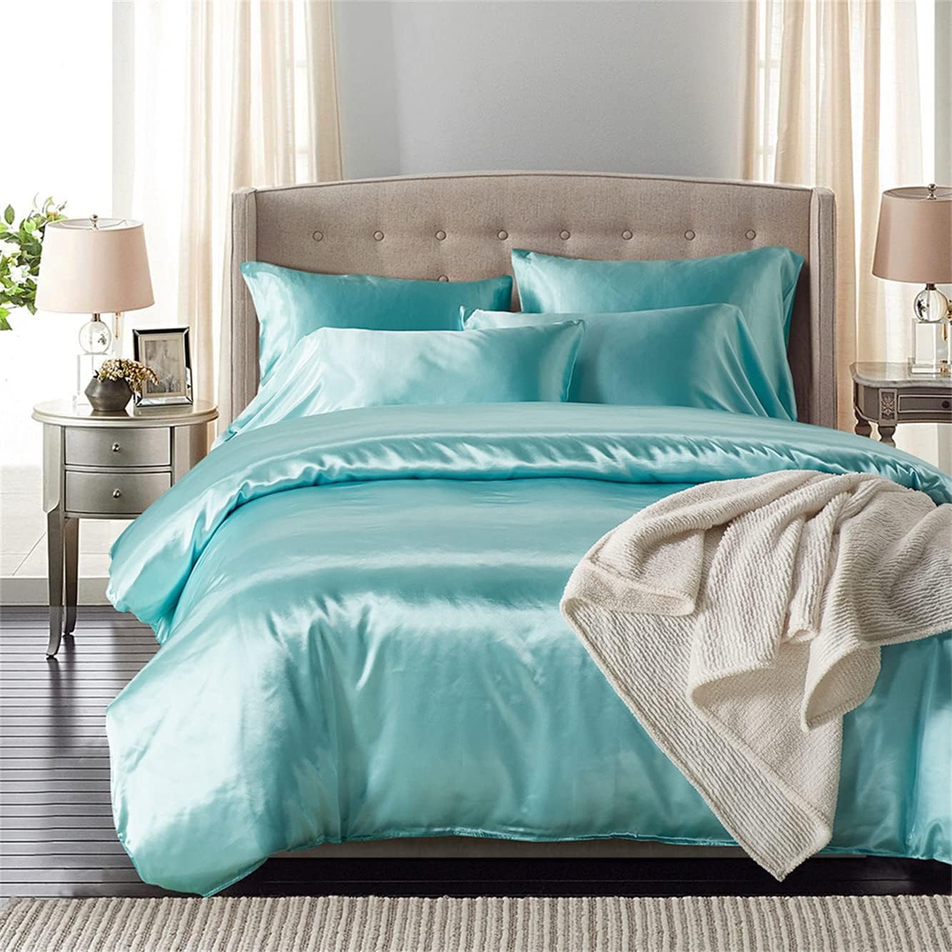 EEFZL 3 Piece Duvet Cover Set All Season Imitation Silk Bedding Set Solid Color Ultra Soft Modern Minimalist Style with Zipper Closure Comforters Pillowcases Grey Twin