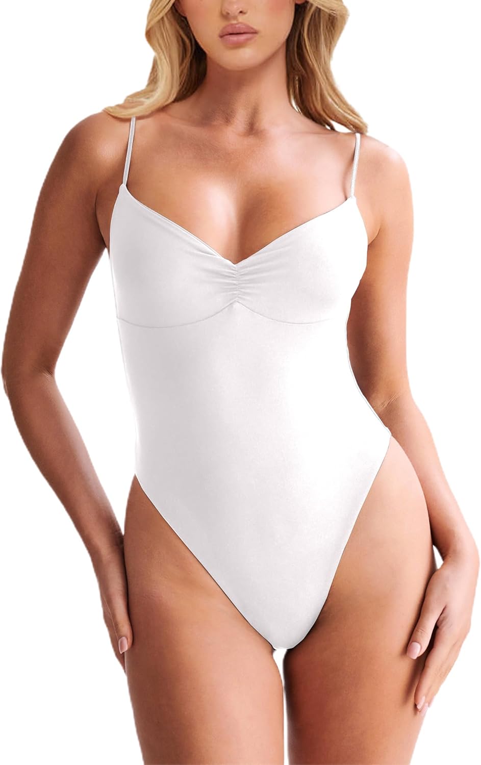 Women's Sexy V Neck Bodysuit Ruched Body Suits Spaghetti Strap Backless Cami Bodysuit Top