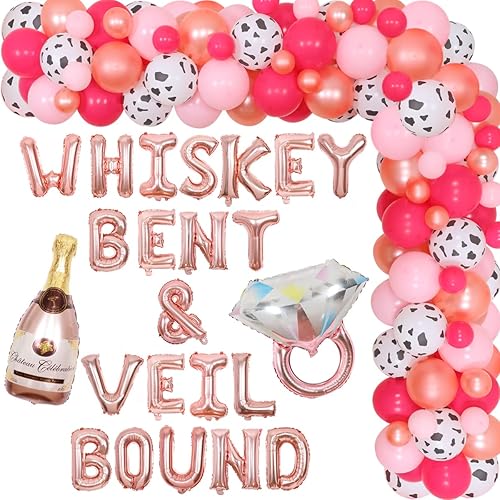 Nashville - Decoración de despedida de soltera color oro rosa, pancarta de globo doblado y velo encuadernado en whisky, guirnalda de globos de