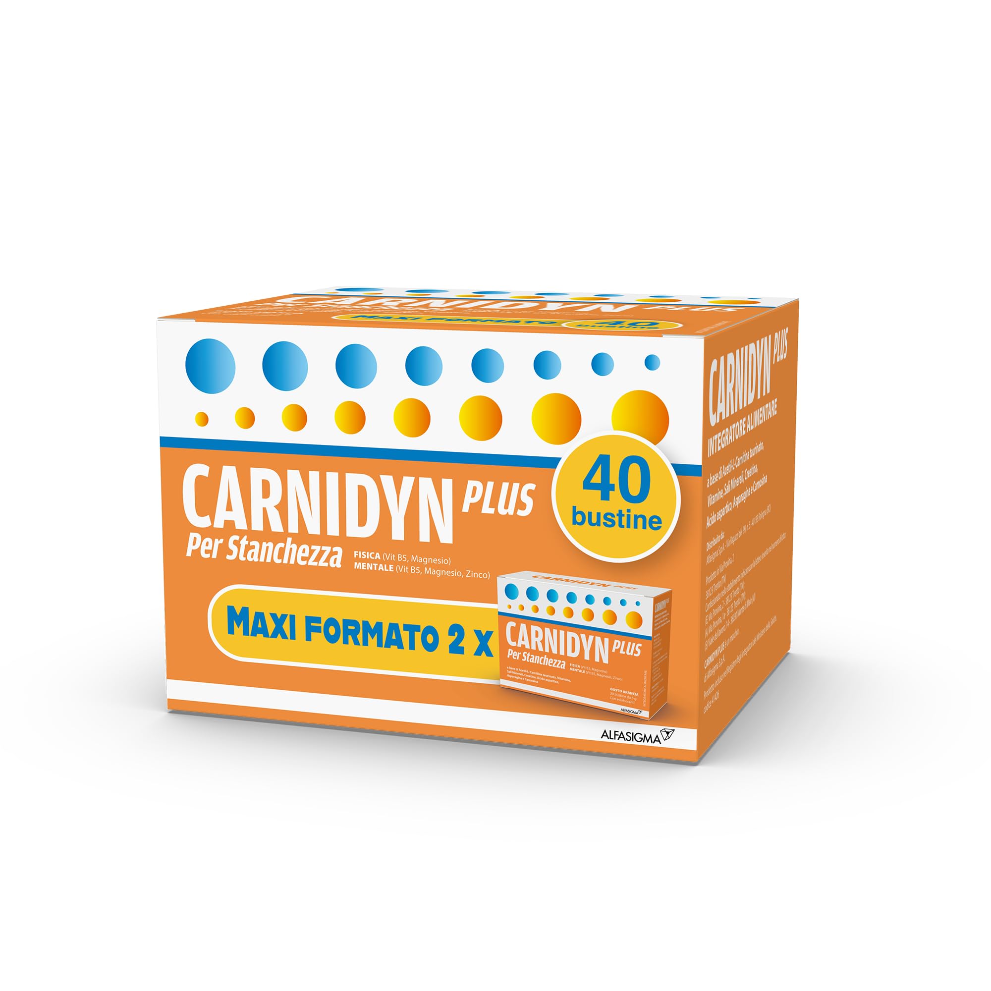 Carnidyn Plus Integratore Alimentare con Carnitina, Zinco e Vitamina B5, Supporto per Stanchezza Fisica, Mentale e Stress, 2 x 20 bustine, Gusto Arancia