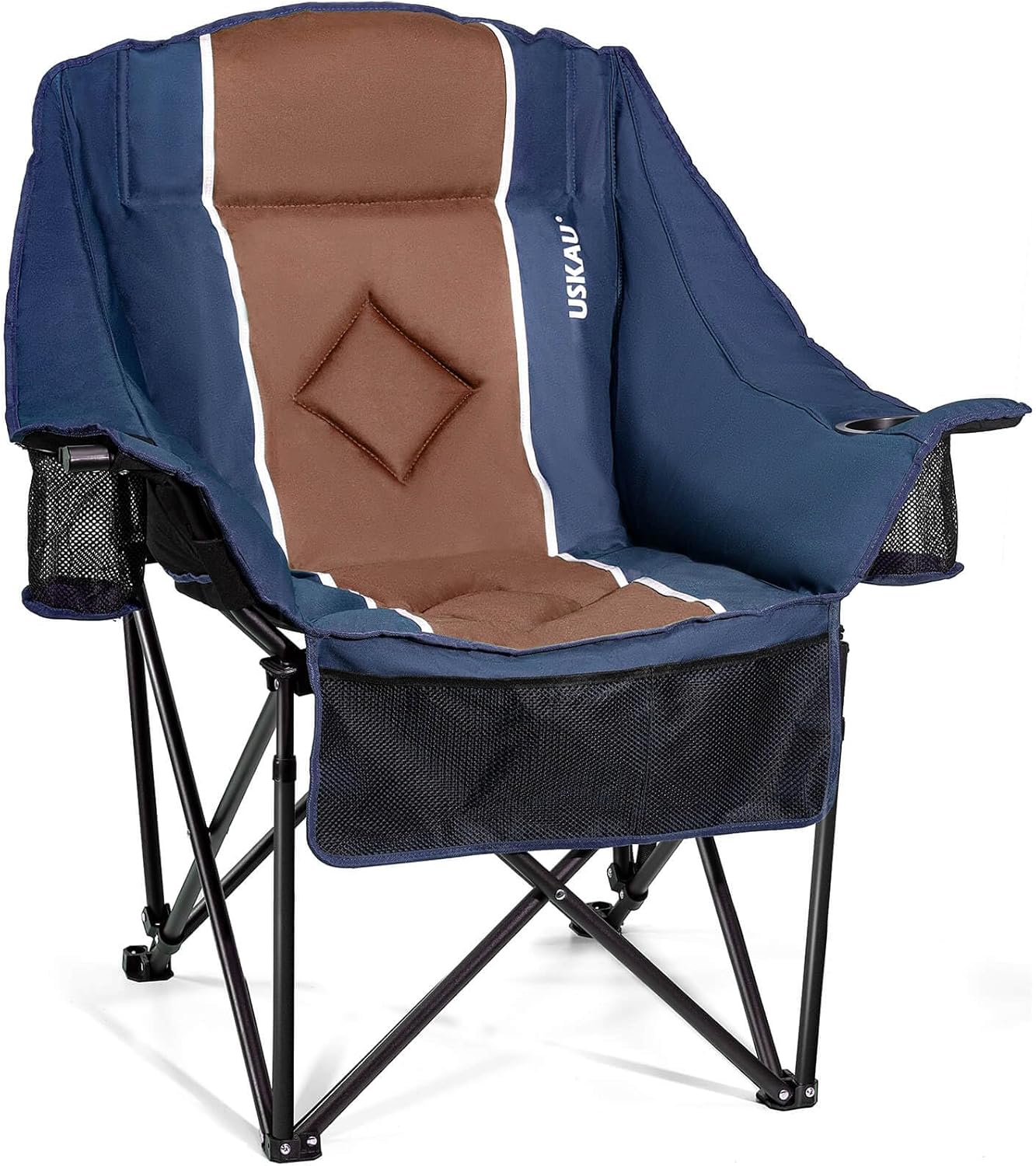Oversized Folding Camping Chair for Adults Heavy Duty Padded Outdoor Chairs Big and Tall XL Picnic Chair with Cup Holders 400lb Capacity, Comfy for Lawn Sports and Outside Use Navy Blue Single