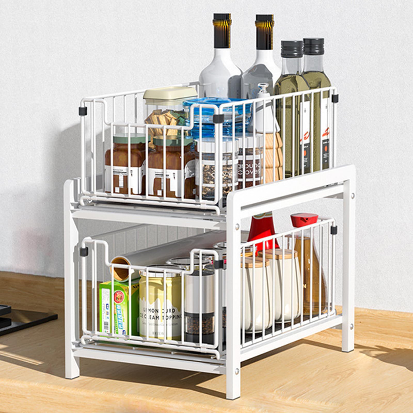 Estante de almacenamiento debajo del lavabo que ahorra espacio, 2 cestas deslizantes para una configuración eficiente de la cocina