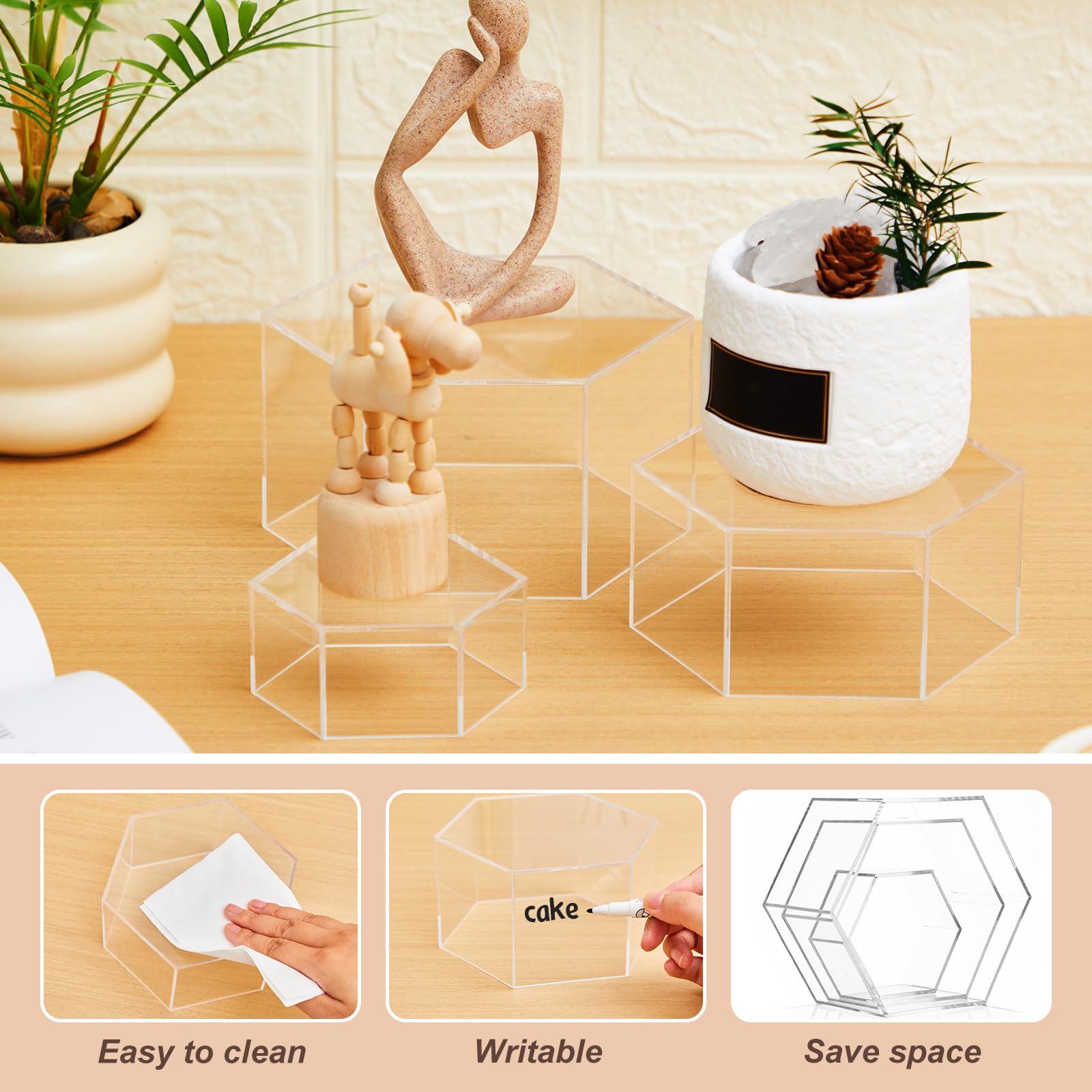 Jerify Acryl-Ständer, 15 cm, 13 cm, 8 cm, transparent, sechseckig, mit hohlem Boden, für Tischschmuck, 3 Größen, 6 Stück