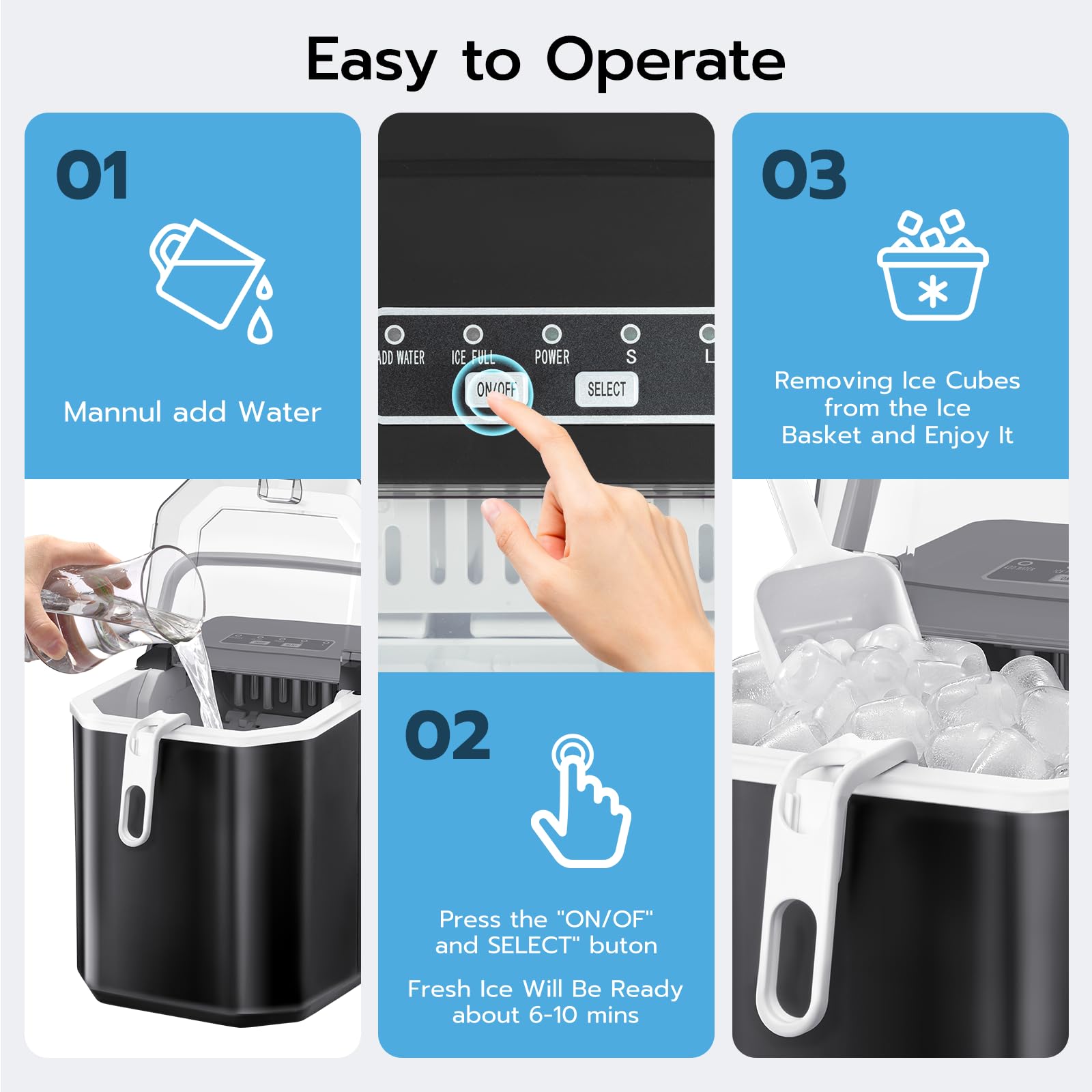 Zafro Countertop Ice Maker, 26lbs/24h, 9 Bullet Cubes In 6 Mins, Self-Cleaning Portable Ice Machine With 2 Ice Sizes (S/L), Quiet Compact Design, Double Handles, For Home, Party, RV, Camping, Black on Fridge.com - View 6