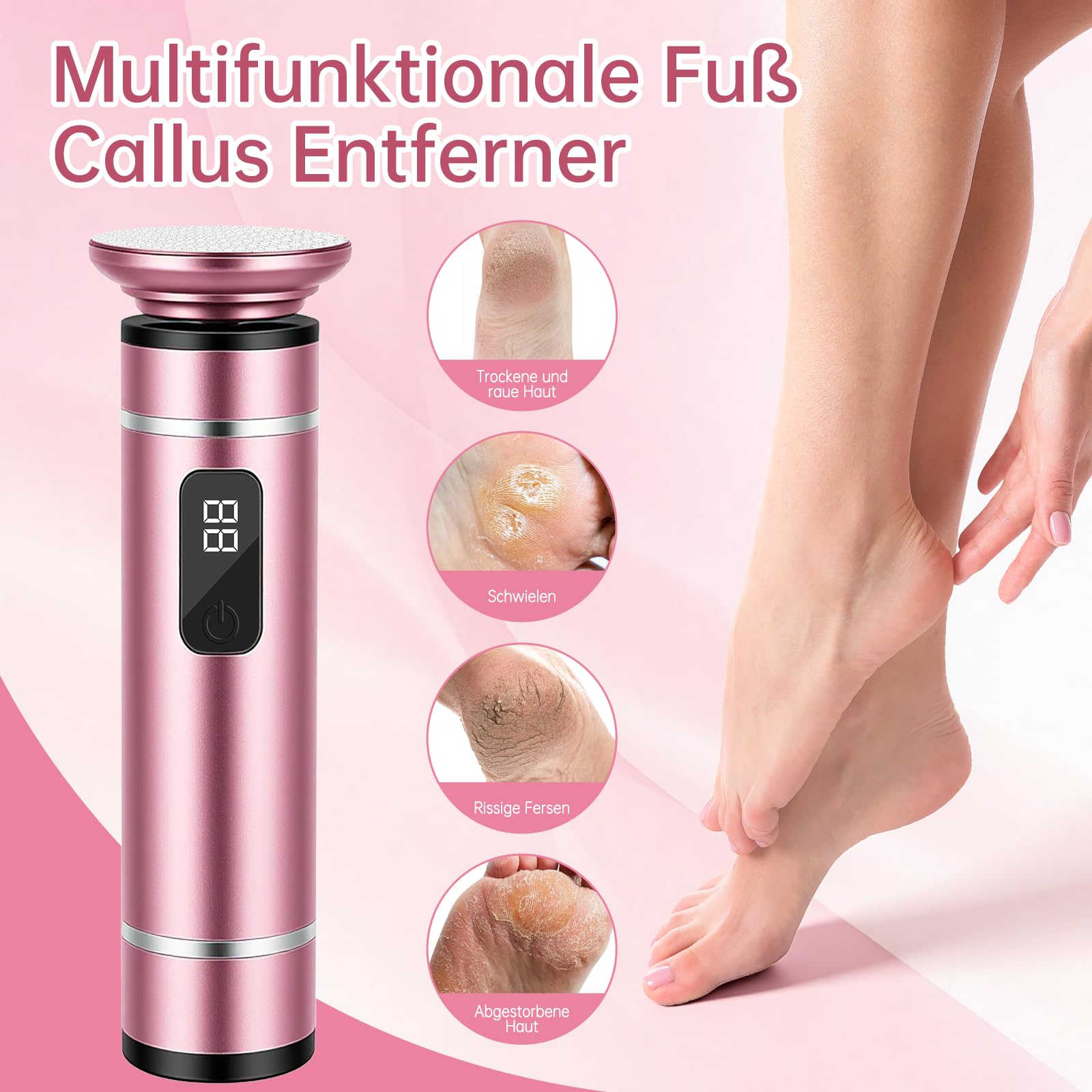 Ponceuse pour pied - Râpe électrique sans fil avec 4 embouts en verre nano - Vitesse réglable - Rape pieds pour talons fissurés, cors et callosités (Rose)