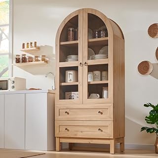 IFGET 71" Tall Arched Kitchen Pantry Cabinet - Modern Farmhouse Storage with 2 Drawers & Adjustable Shelves, Natural