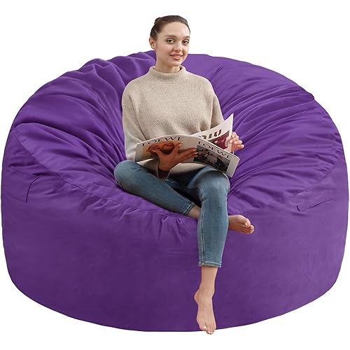 3FT Bean Bag Chair, Comfy Bean Bag Chairs with Memory Foam Filled, Fluffy Beanbag Sofa with Dutch Velvet Cover, Round BeanBag Chairs for Living Room, Playroom - Purple