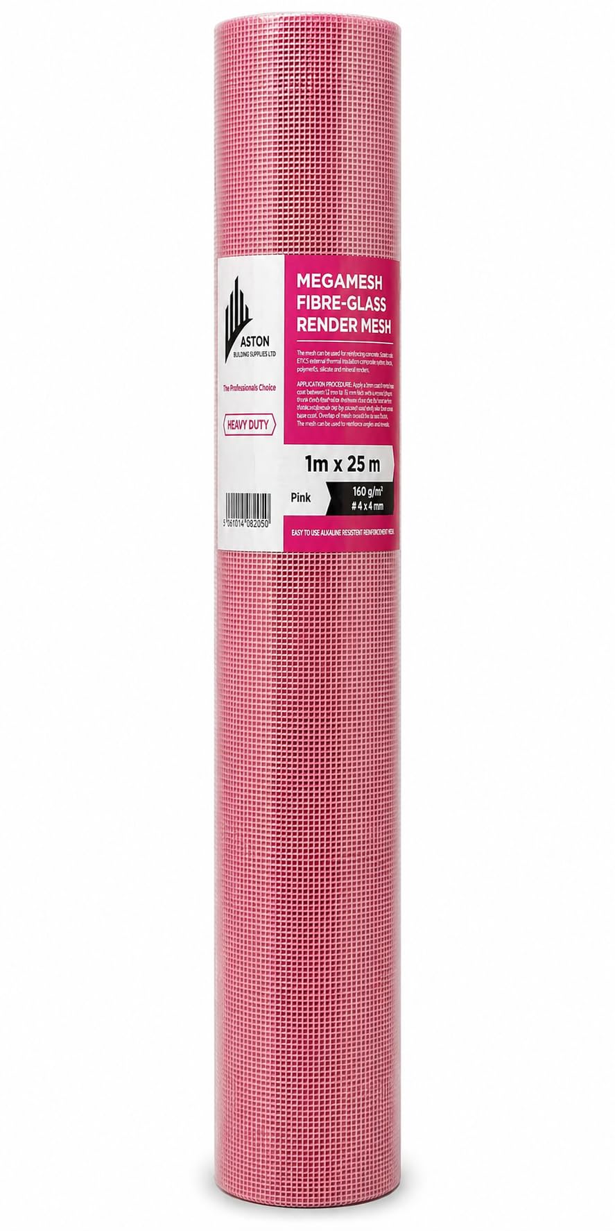 Aston Building Supplies Ltd Pink Aston Bs Fibreglass Render Mesh 160Gsm - 1M X 25M (25M²) Heavy Duty, High Tensile Strength Reinforcing Mesh Roll For Plastering, Rendering, Concrete & Crack Repair– Alkali Resistant (1X25)