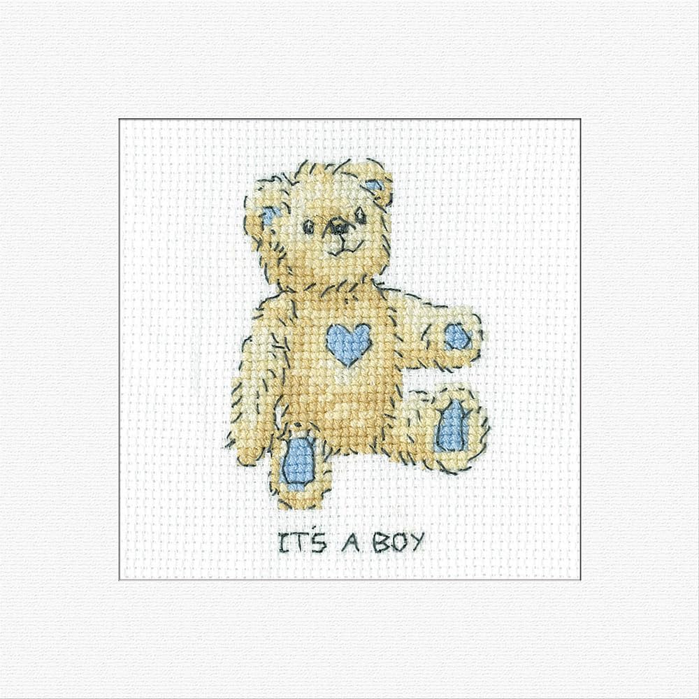 Heritage Crafts Boys Blue Cross Stitch Kit - Greetings Card, It's A - Kirsten Roche