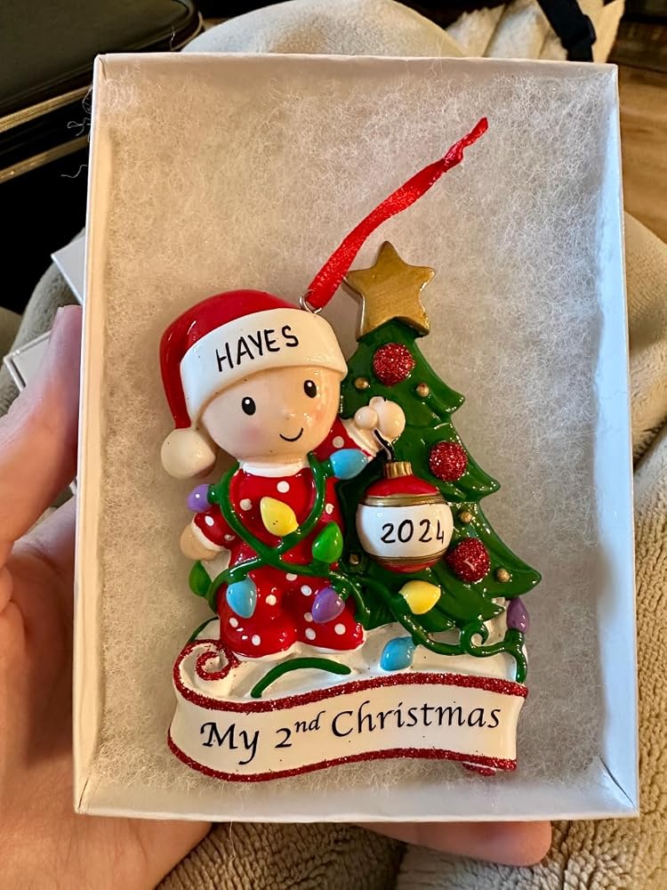Personalized Baby's 2nd Christmas Ornament Tangled in Light Red