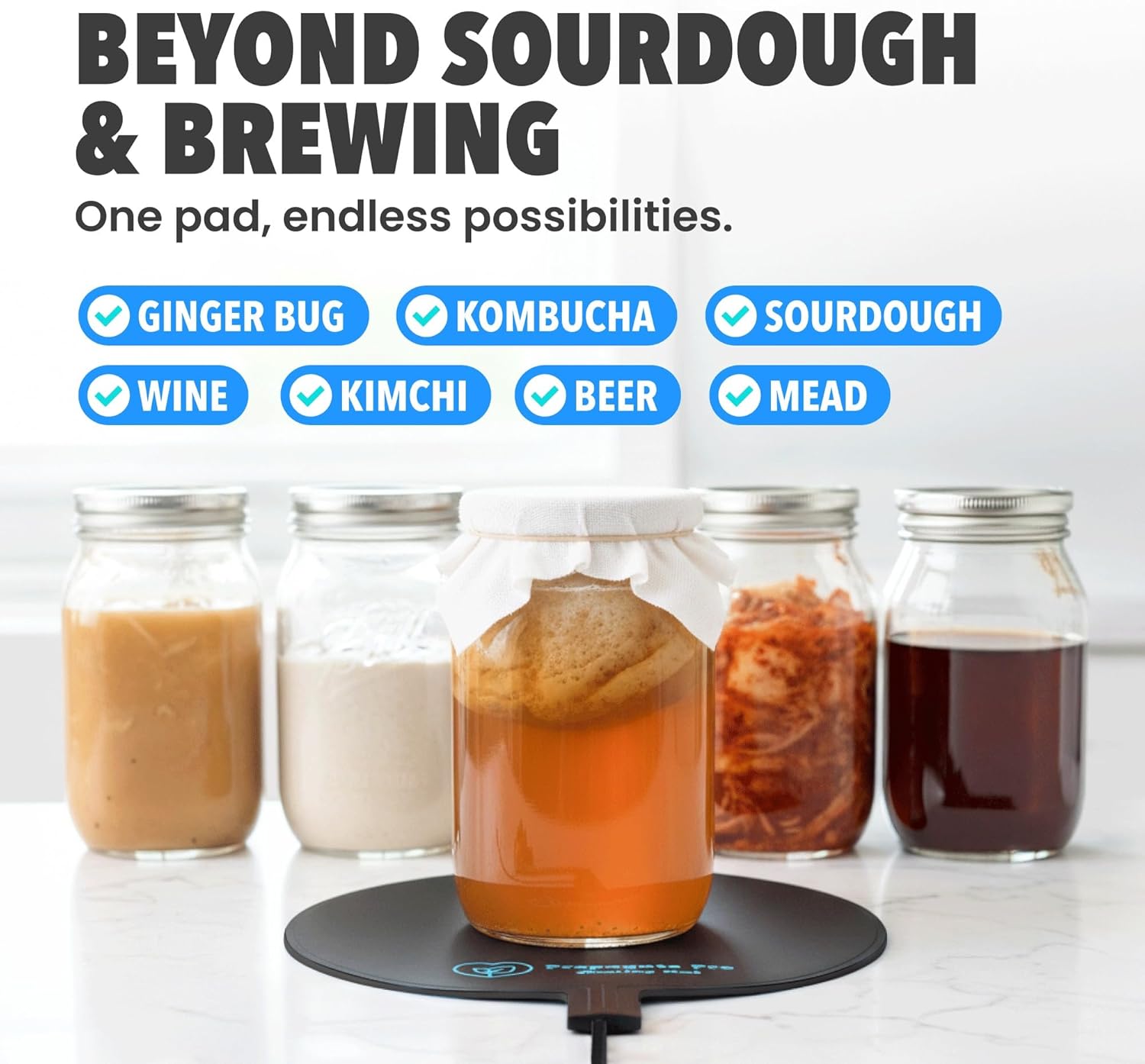 Brewing & Fermentation Heat Pad with Heating Thermostat - 10" Sourdough Starter Warmer Mat, Beer & Wine Fermenting - Heating Mat for Kombucha Jar, Carboy, Glass Jar, Fermentors with Heater Temp Strip