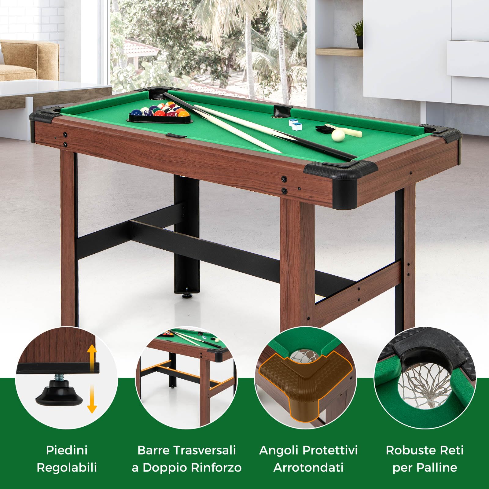 GYMAX Tavolo da Biliardo di 122cm, Tavolo da Pool in Legno con 16 Palline, 2 Stecche, 2 Gessetti, Triangolo, Spazzola, Piedini Regolabili, Tavolo da Gioco per Bambini e Adulti