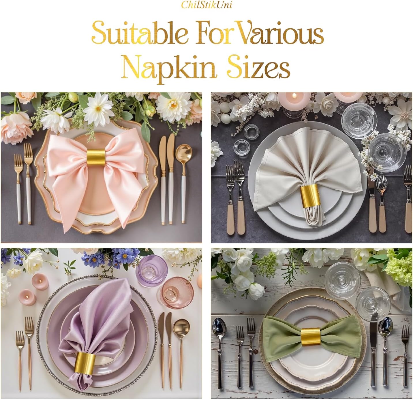 Holiday Parties Napkin Rings Set of 200, 2 Colors in 1 (Brushed Gold Silver), Reusable Adjustable Napkin Bands for Easter, Wedding, Mothers' Day Table Decor, Waterproof Tear-Proof Great Gift Idea