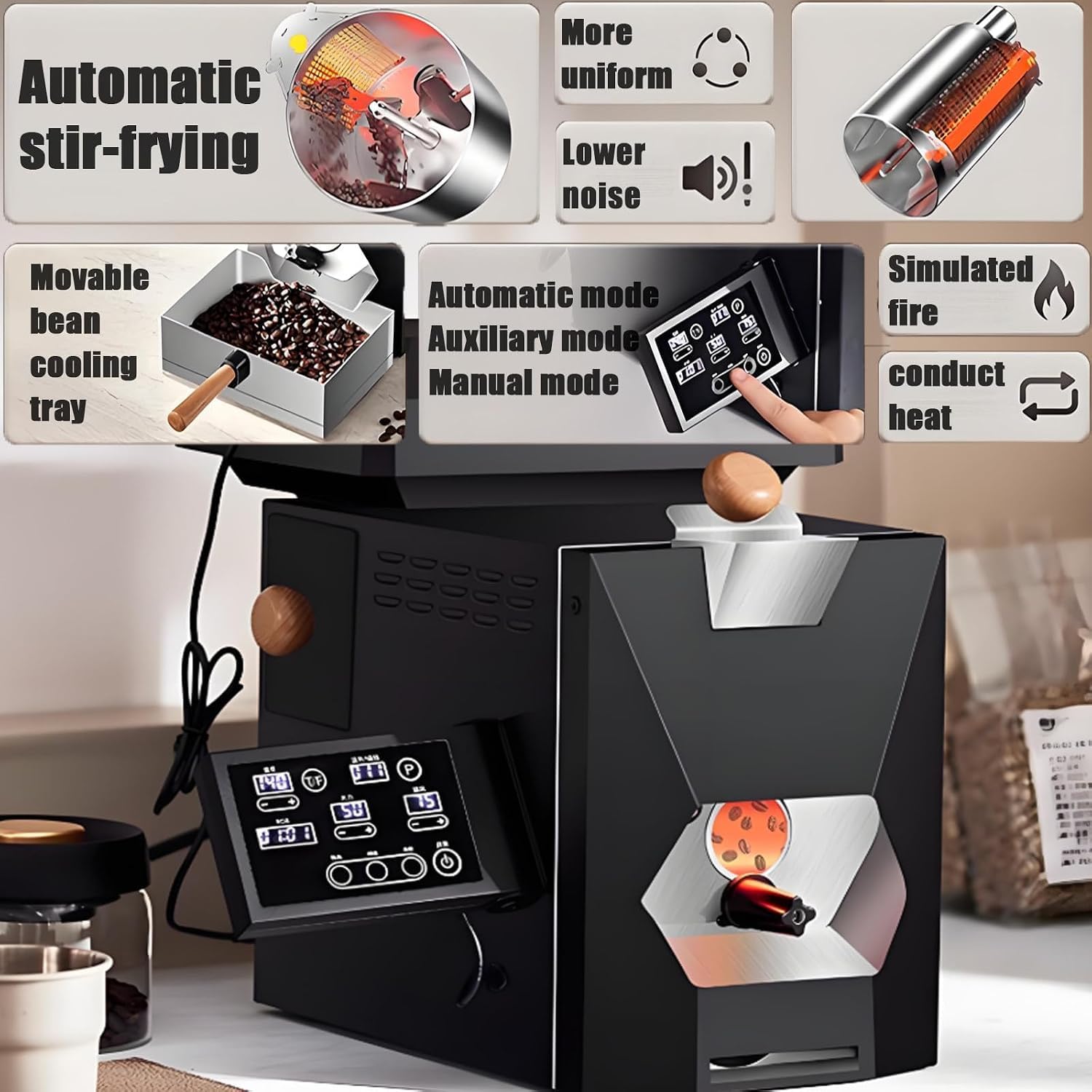 Tostadora eléctrica compacta para granos de café, capacidad de 200 g, para uso doméstico y comercial con enfriamiento rápido.