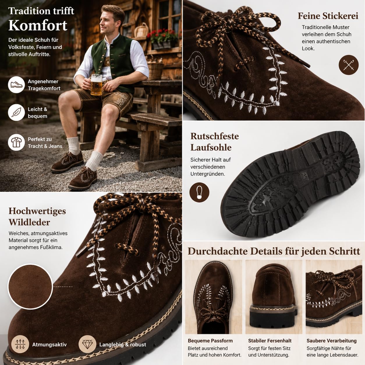 Trachtenschuhe Herren 2026 Stickerei Flock Leder Haferlschuhe Passform Traditionelles Design für Volksfest Trachten Festlichkeiten Bequem Lederschuhe Ledersohle Schnürschuhe Tanzschuhe