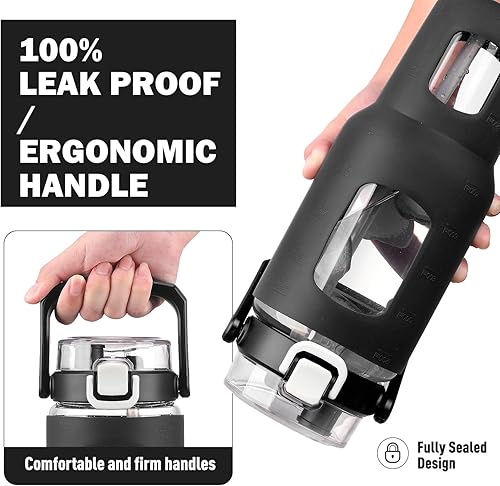 Miniatura 2 de BLUEGO Botella de agua de vidrio de 40 onzas, botella con popote y tapa, vaso de vidrio con marcador de tiempo y agua, taza de café helado con funda