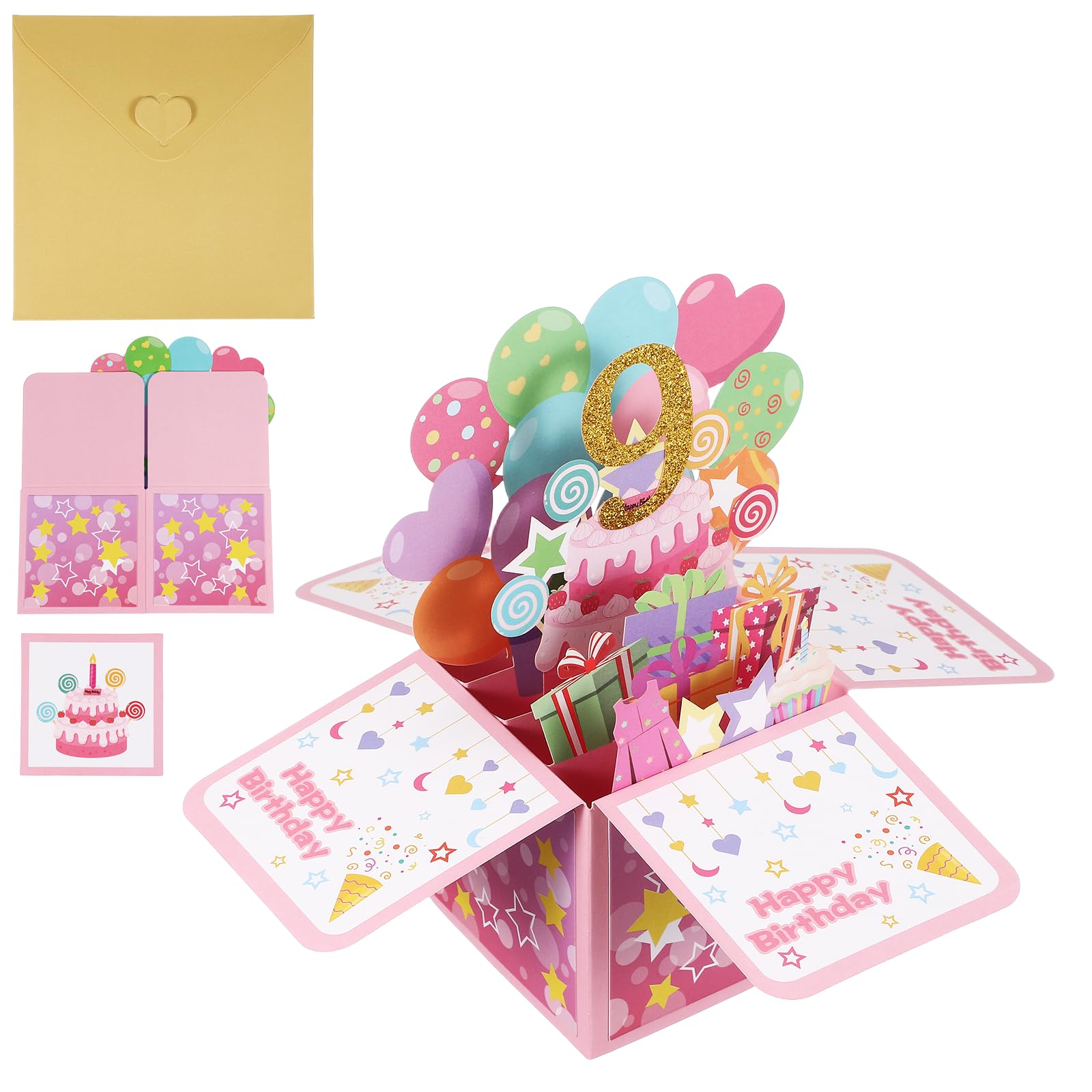 YOKIVE 9th Birthday Card, 9 Years Old Funny Birthday Card Happy Sweet with Greeting Card and Envelope 3D Open for Men Woman Gift Friends Party, Style 1 & Gold Pink