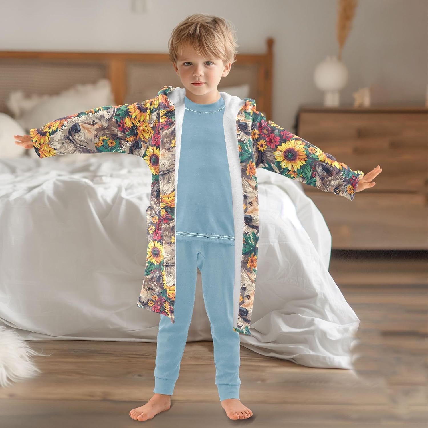 senya Sunflowers Wolfs Face Toddler Hooded Bathrobe Kids Soft Plush Bath Towel Robes for Boys Girls 2-12 Years