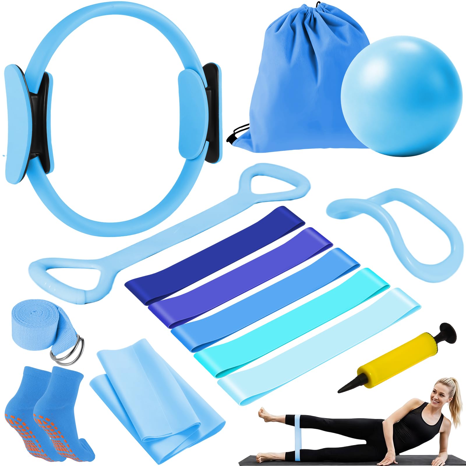 Set Pilates - Set di anelli da pilates da 13 pezzi, con palla da pilates, fasce per fitness, cintura da yoga, calzini da donna, set pilates per casa, attrezzatura sportiva per forza