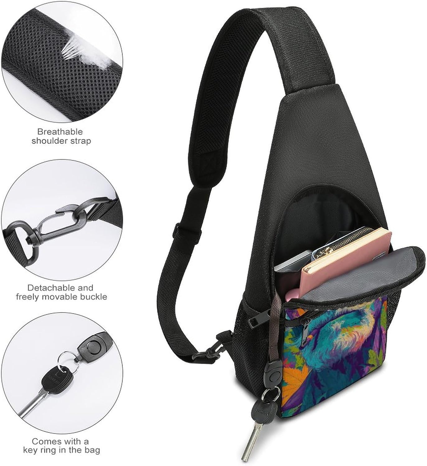 Psychedelic Weed Elderly Man Art Crossbody Sling Backpack Chest Bag Daypack | unisex,trendy,with convertible and detachable shoulder strap,side pockets