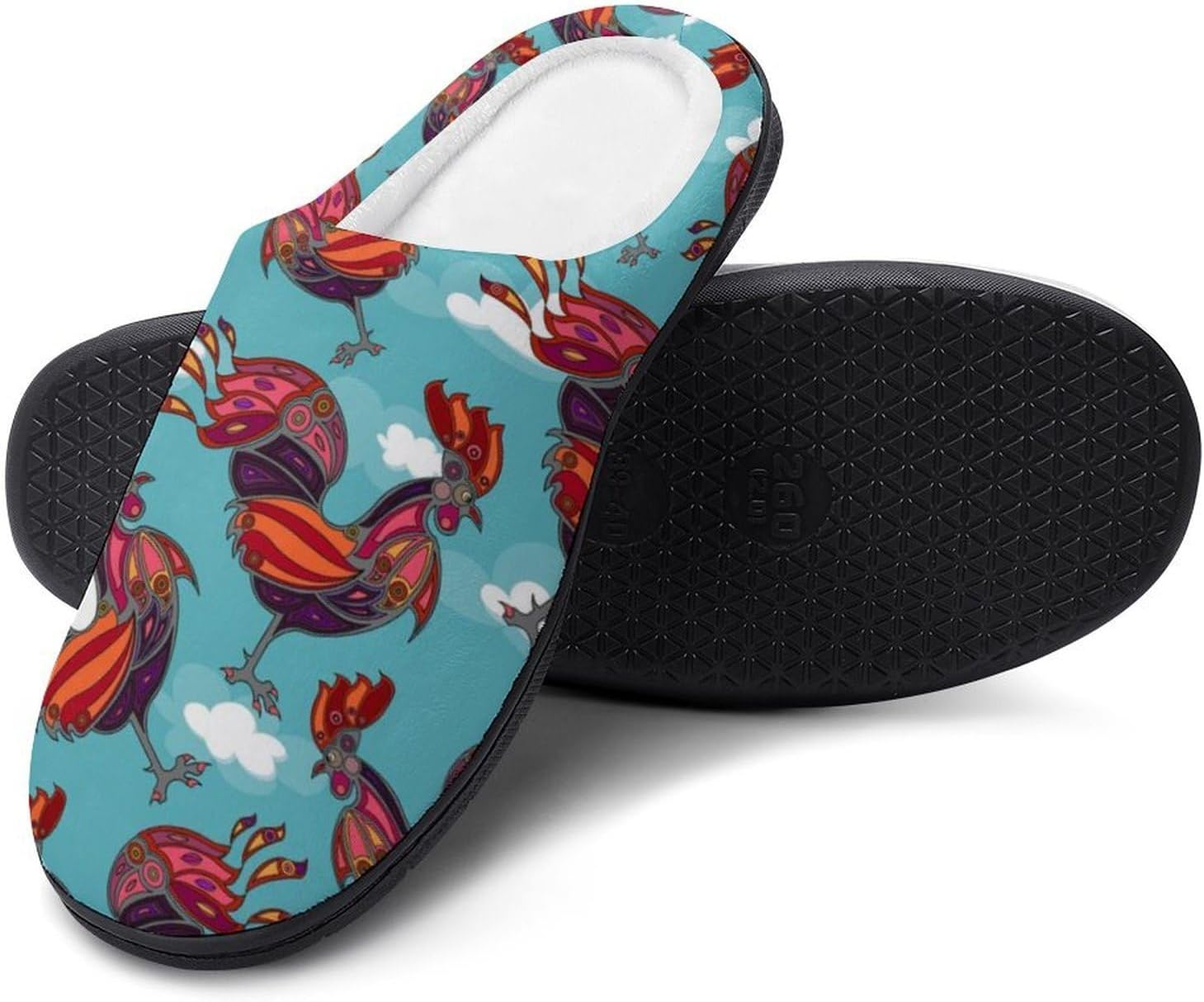 Crowing Rooster Women's House Slippers Memory Foam Warm Shoes Spa Rubber Sole Indoor Outdoor