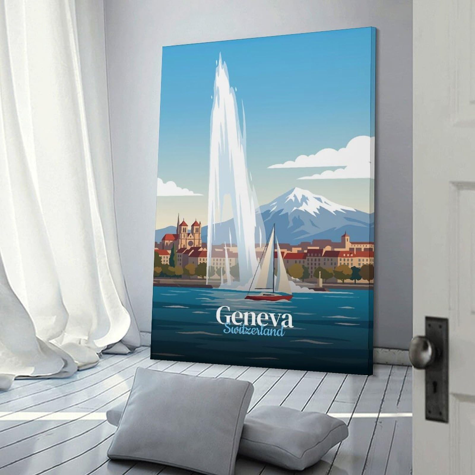 Junmoney Geneva, Switzerland Travel Decorative Wall Artwork 24x36inch(60x90cm), for Front Hall, Corridor Or Welcome Spaces, Decorative Wall Art for Narrow Spaces