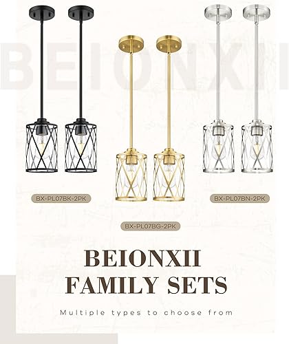 Miniatura 8 de Beionxii BX-PL07BG-2PK - Paquete de 2 luces colgantes de oro cepillado para isla de cocina, moderna iluminación colgante de jaula industrial de