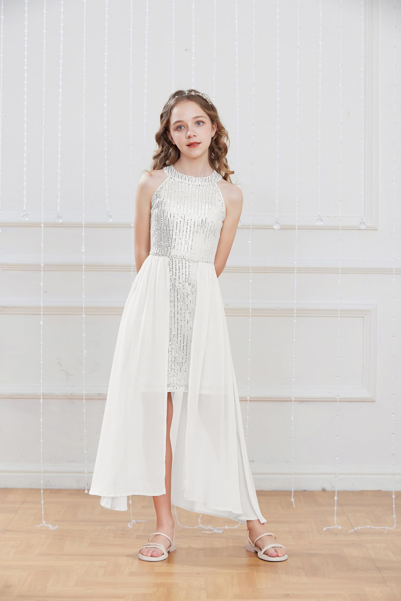 GRACE KARIN Niñas Vestido de Fiesta con Lentejuelas Cuello Halter Línea A Decorado con Capa de Gasa