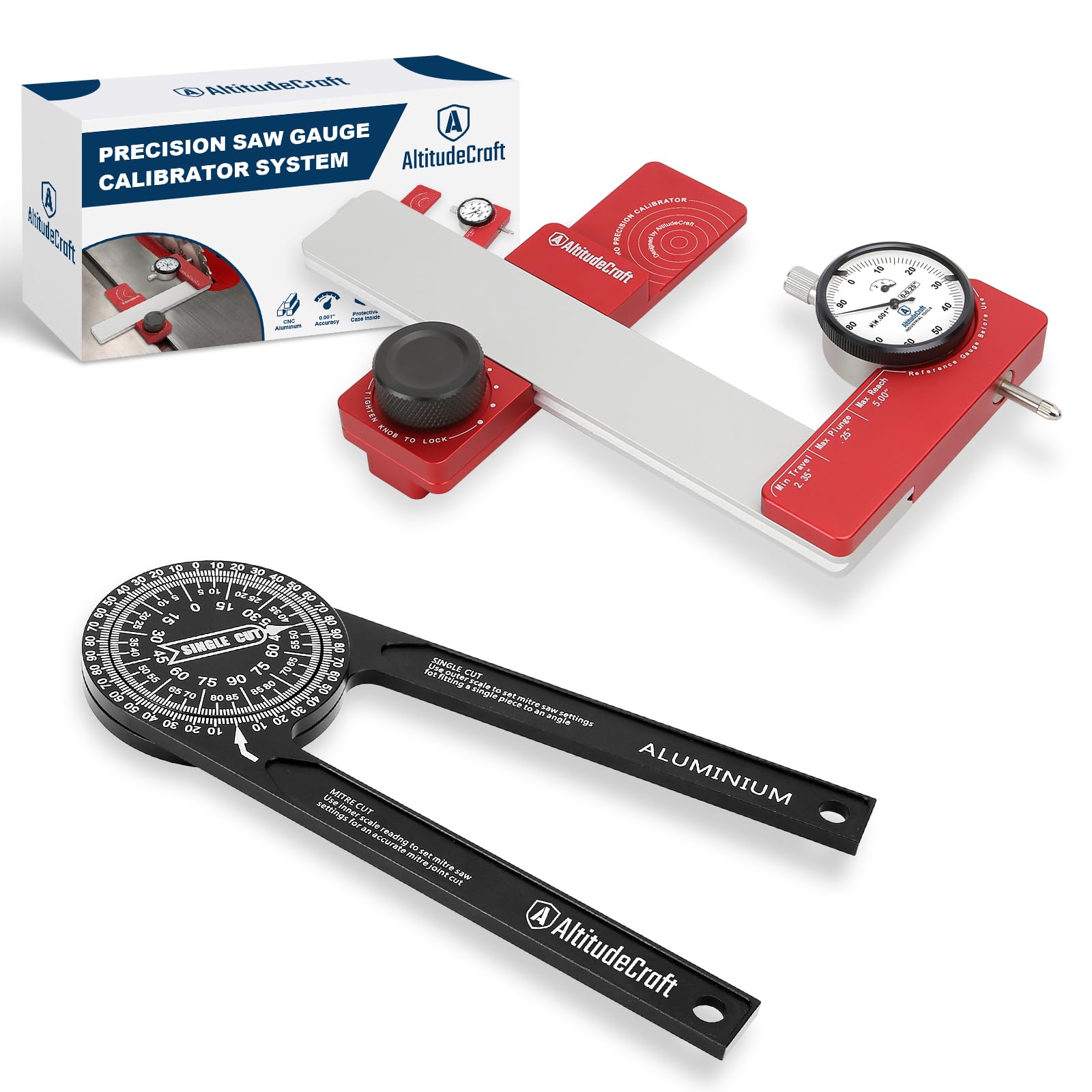 - Combo – Precision Aluminum Miter Saw Protractor with 360° Laser-Engraved Scales + Table Saw Alignment Gauge with 0.001" Dial Indicator for Accurate Calibration