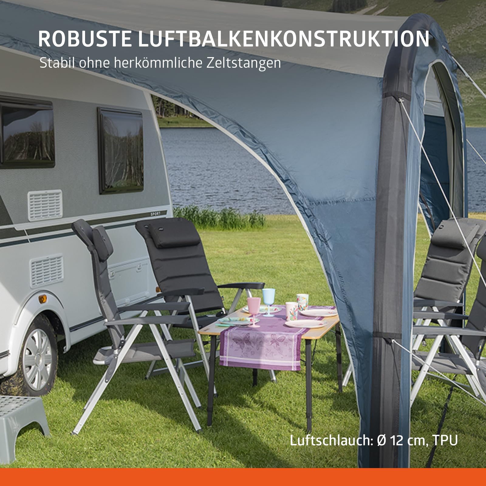Campout Aufblasbares Vorzelt für Wohnwagen & Wohnmobil – 400 x 250 cm – 3000 mm Wassersäule – Anbauhöhe 235-250 cm – Aufbau in 15 Min – Inkl. Pumpe & Sturmabspannleinen
