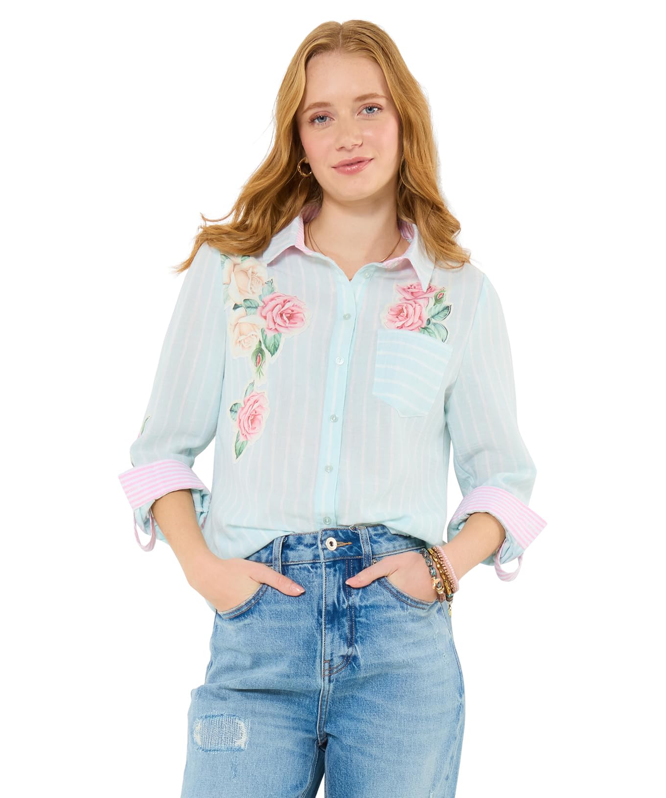 Joe Browns Women's Vintage Striped Rose Applique Shirt, Relaxed, Blue, UK 14