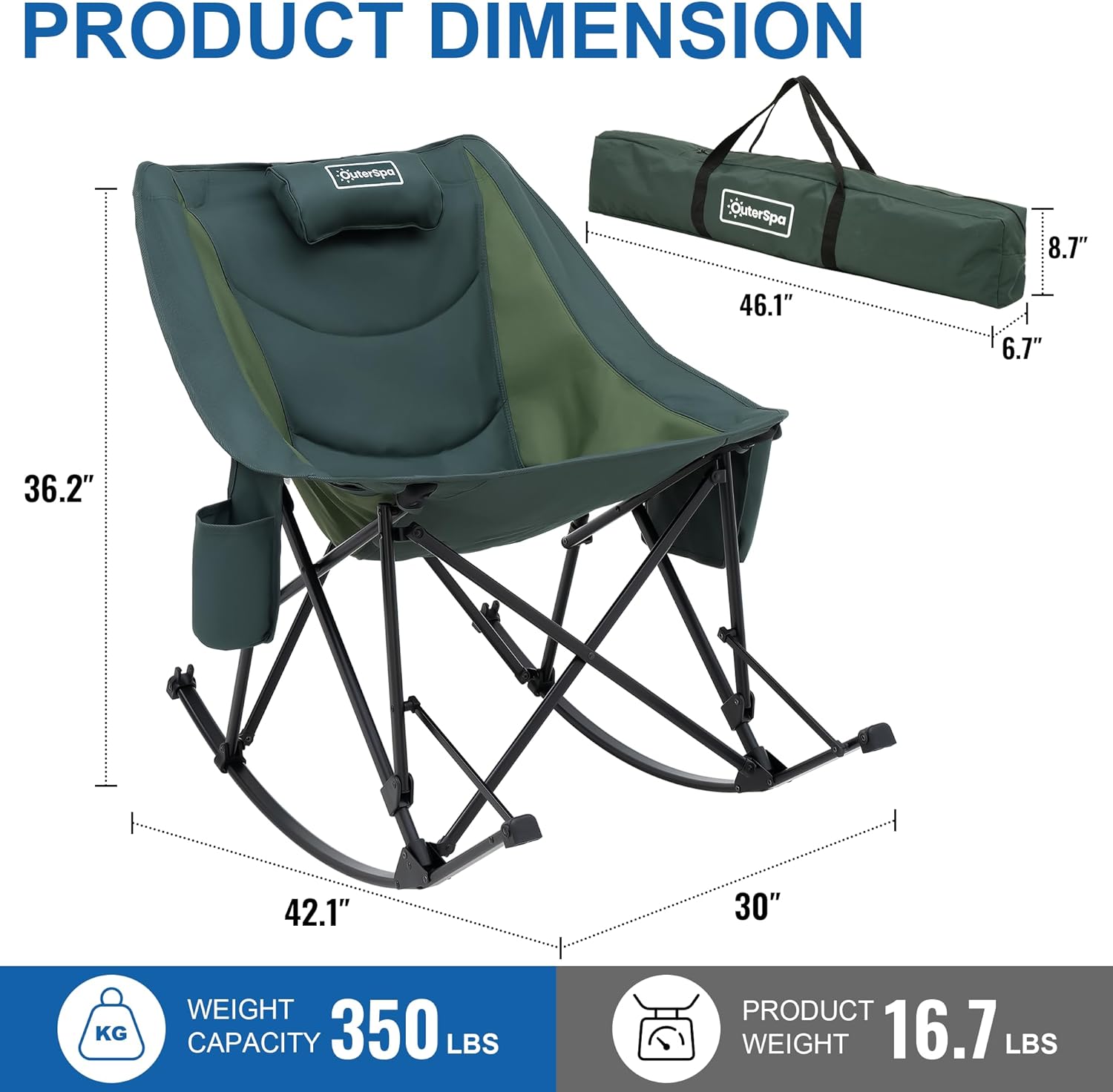 Oversized Rocking Camping Chair for Adults Heavy Duty,Padded Outdoor Rocking Chair Lawn Chairs Portable Rocking Camp Chairs with Side Pocket and Carry Bag for Indoor,Beach,Camp,Lawn,Outdoor