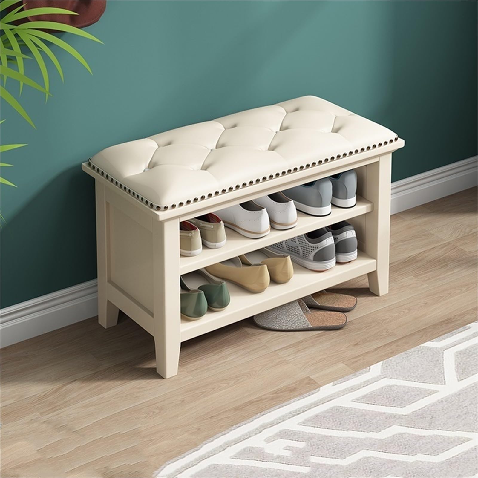 Banc de rangement à chaussures en bois massif avec coussin en cuir à 2 niveaux