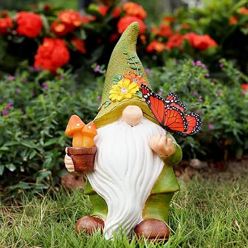 Miniatura 7 de Gnomos de jardín al aire libre, gnomo de resina con luces solares para exteriores, hongos decorativos y mariposas vívidas, gnomos de primavera para
