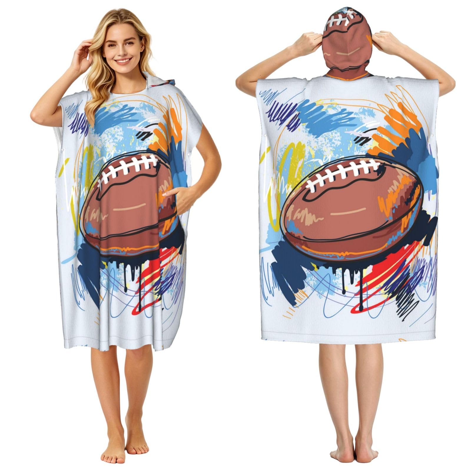 Poadnly Rugby Ball Sketch With Colorful Doodles, Adult Hooded Beach Towel 90 x 110 cm,Changing Bath Robe, Surf Poncho Towel For Women Men