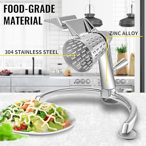 Miniatura 2 de Happybuy Rallador de queso giratorio, mandolina vegetal de aleación de zinc con 5 conos de corte de acero inoxidable, rallador manual de queso con
