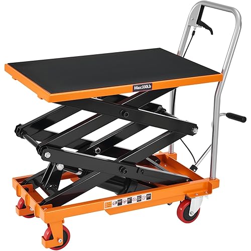 Specraft 330 lbs Hydraulic Lift Cart, Double Scissor Lift Table Up to 50", 4-Wheel Material Handling Platform with Non-Slip Pad, Orange