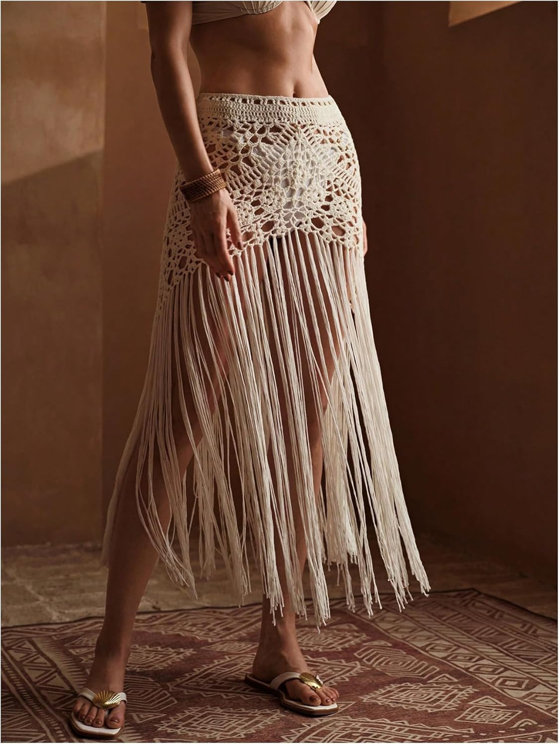 MakeMeChic Women's Crochet Fringe Swimsuit Coverup Skirt Elastic Waist Summer Beach Cover Ups
