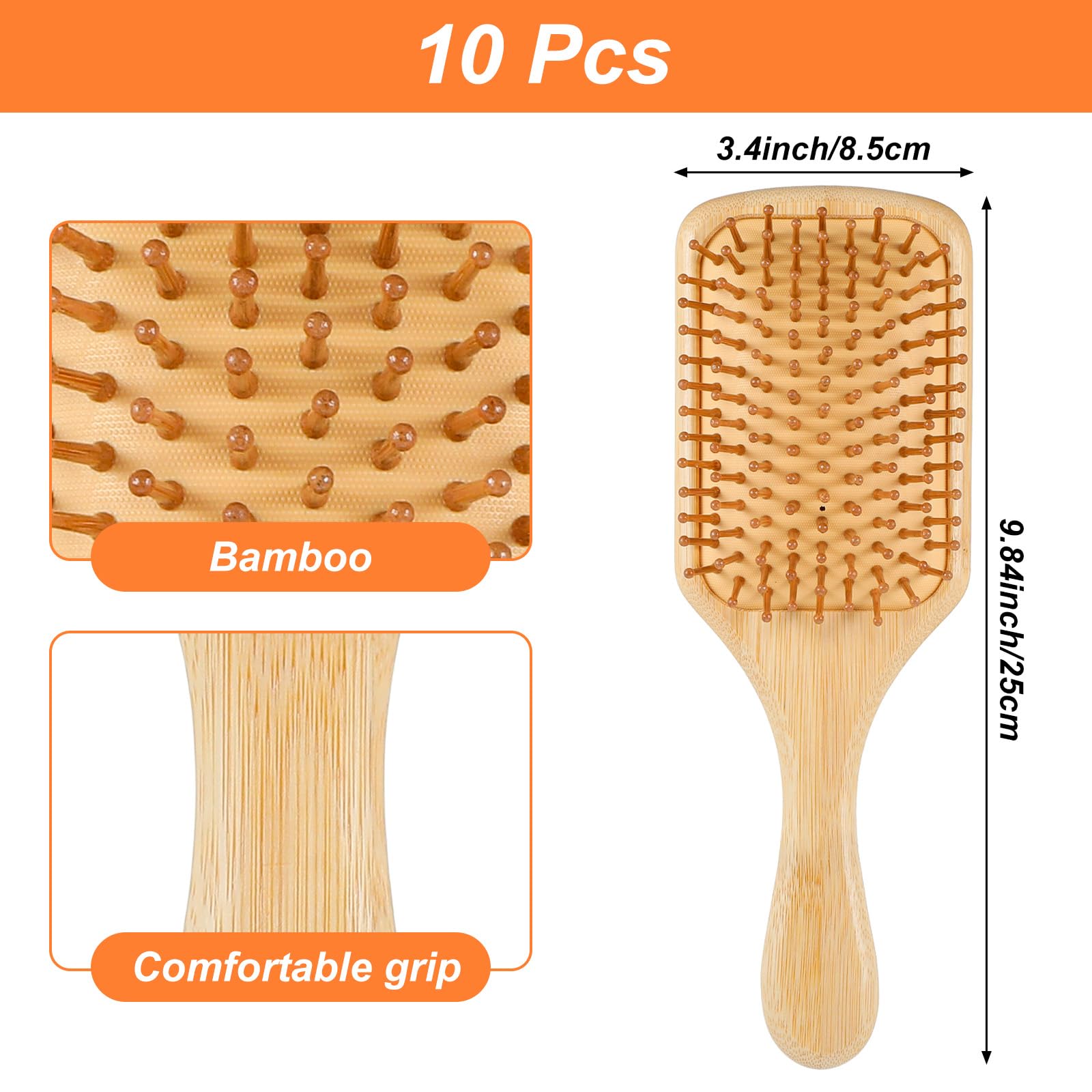 10 spazzole per capelli in bambù, con setole in bambù, per massaggi del cuoio capelluto, districante, antistatica, per tutti i tipi di capelli, per donne, feste, matrimoni (grande