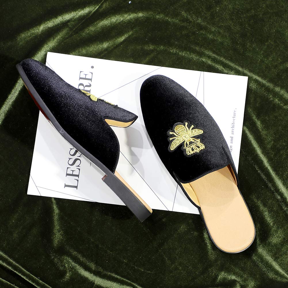 FLQL Mens Shoes Luxury Velvet Gold Buckle Slip-on Penny Loafers Casual Smoking Slippers Indoor Outdoor Sandals Black Size 7-13