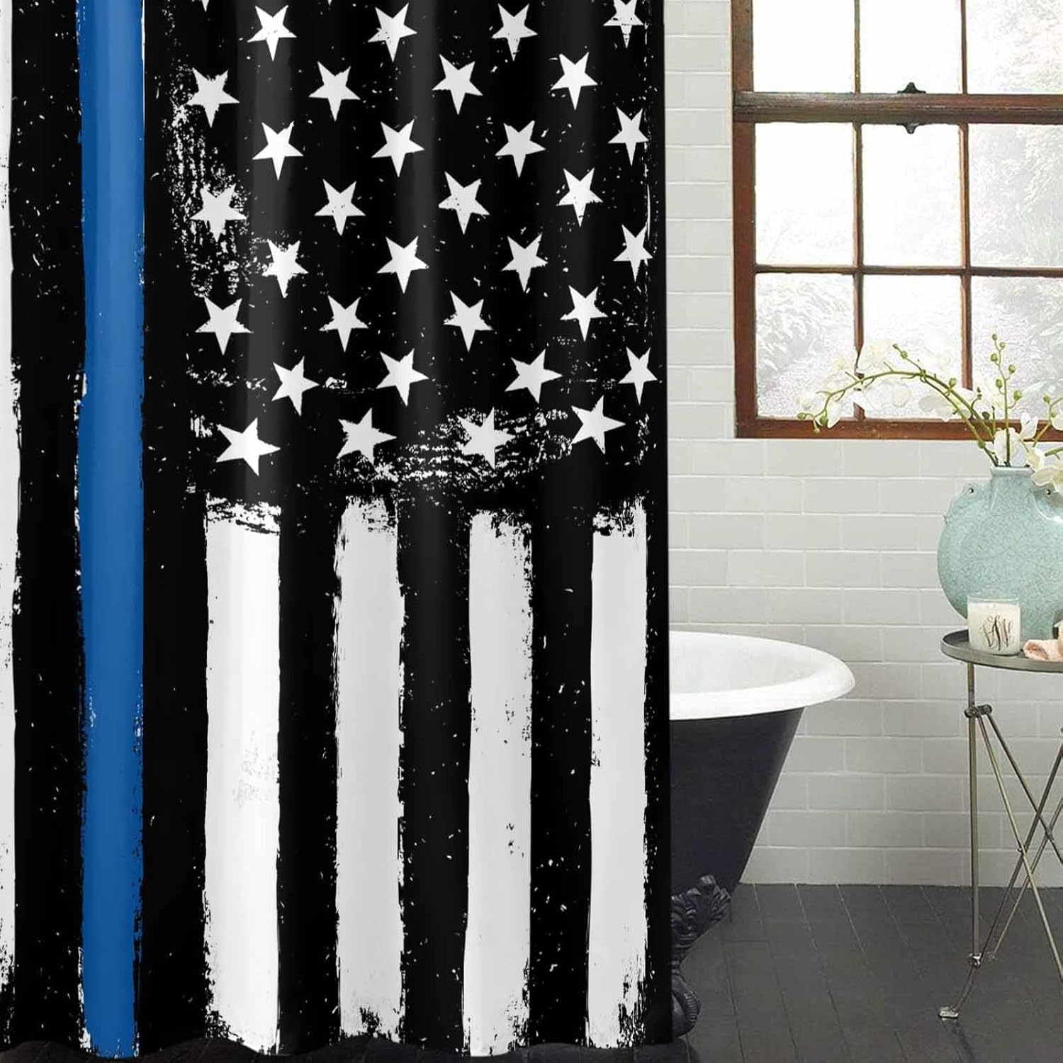 Respect American Flag Bathroom Shower Curtains for Home Decoration Polyester Fabric 4th of July Waterproof Bath Curtain Set with Hooks Black and White Blue Line for Law Enforcement