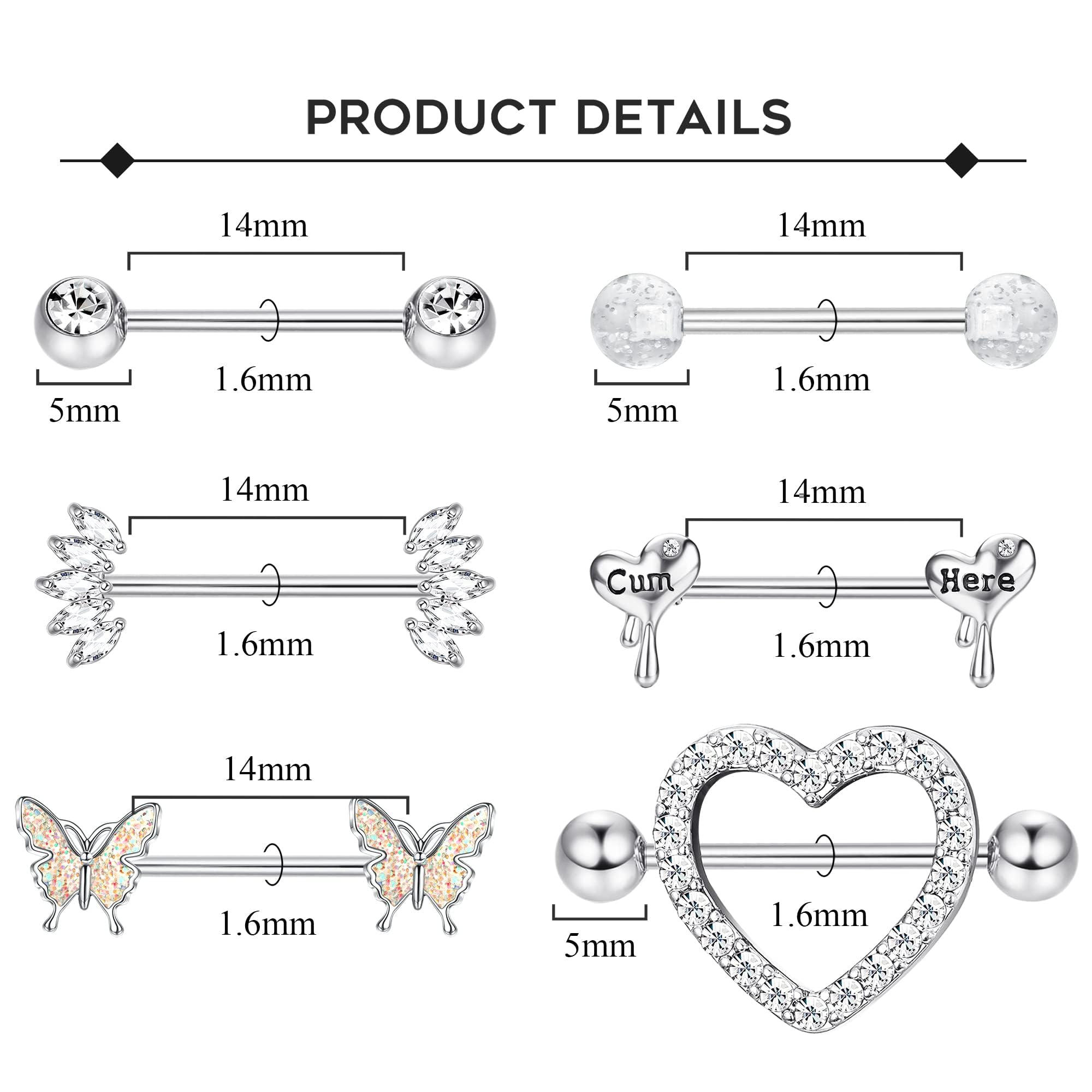 ADRAMATA 8 Pairs 14G Piercing Capezzolo Acciaio Chirurgico Capezzolo Piercing Set CZ Cuore Farfalla Capezzolo Anello con Catena Capezzolo Bar Lingua Piercing Corpo Piercing Gioielli Donna