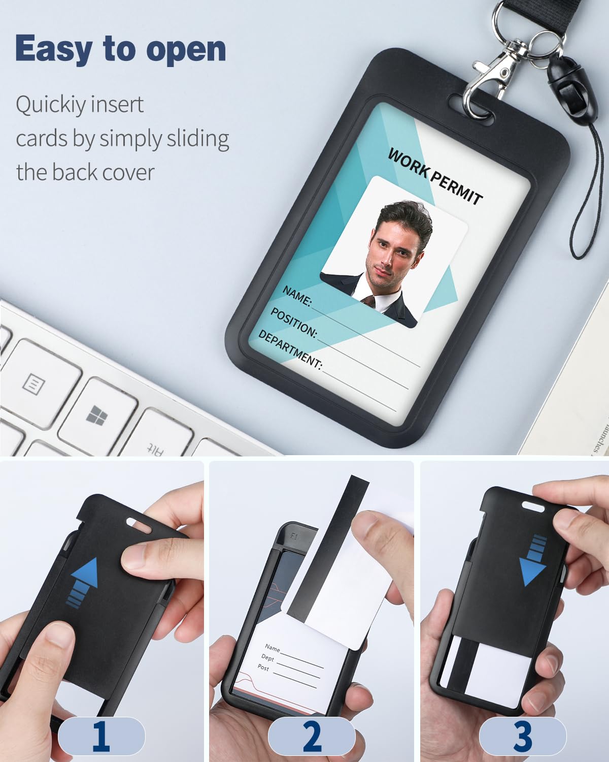 Uniclife Porta Badge Scorrevole Rigido Nero in Plastica Custodia Protettiva per Carte con Fibbia in Metallo e Clip, 3 Pezzi