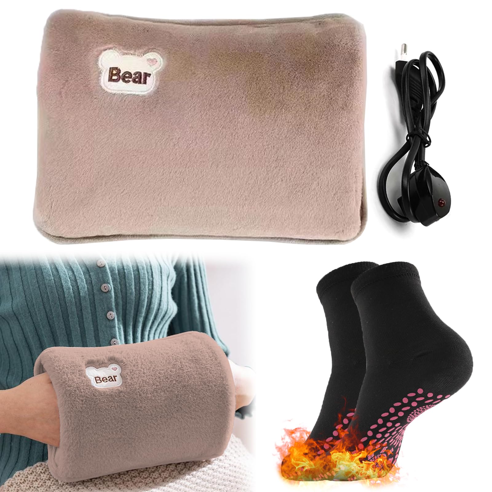 Bolsa De Agua Térmica Recargable, Bolsa de Agua Caliente Eléctrica, Bolsa de Agua Caliente Eléctrica Ahorra Energía 10 Minutos, Forro de Peluche Suave, Aliviar Dolores musculares(Marrón)