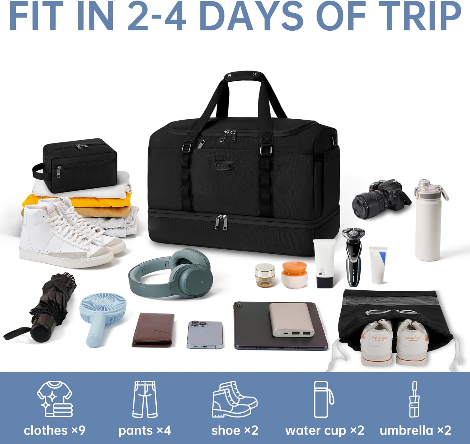 ETRONIK Travel Bag for Men Women, Duffle Bag & Gym Bag with Shoe Compartment, Weekender Overnight Bag with Toiletry Bag, Carry on Bags for Airplane for Travel, Trip, Gym, Yoga, Black - Image 3